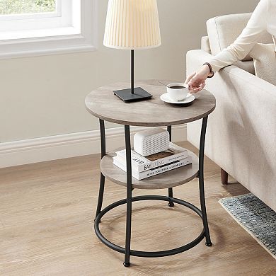 21.7" Round Side Table with 2 Shelves, Steel Frame, Heather Greige & Ink Black for Living Room