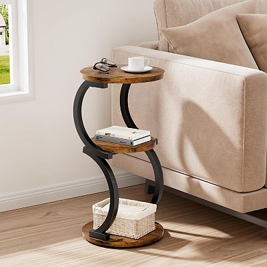 S-Shaped 3-Tier Rustic Brown Metal End Table for Living Room, Bedroom, or Sofa