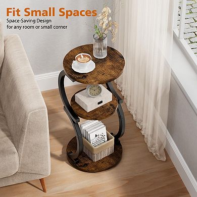 S-Shaped 3-Tier Rustic Brown Metal End Table for Living Room, Bedroom, or Sofa