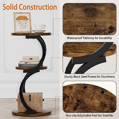 S-Shaped 3-Tier Rustic Brown Metal End Table for Living Room, Bedroom, or Sofa