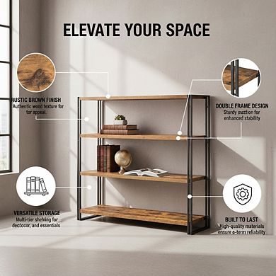 ZUQIETA Industrial 4-Tier Tall Bookcase - Rustic Brown Storage Shelf for Living Room & Office