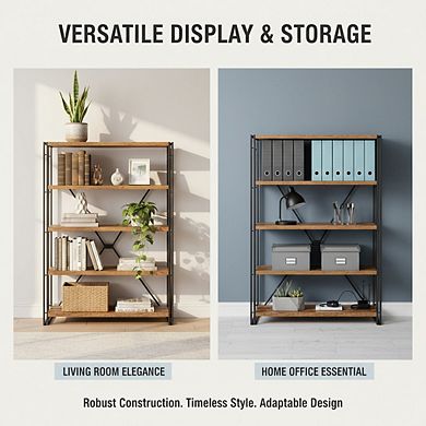 ZUQIETA Industrial 4-Tier Tall Bookcase - Rustic Brown Storage Shelf for Living Room & Office