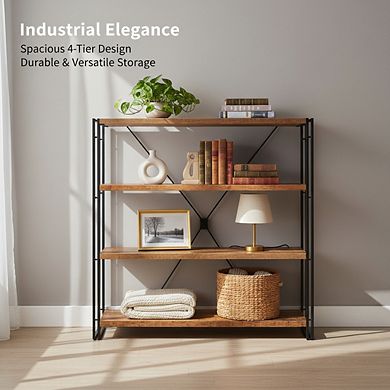 ZUQIETA Industrial 4-Tier Tall Bookcase - Rustic Brown Storage Shelf for Living Room & Office
