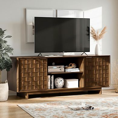 ZUQIETA 59" Mid-Century TV Stand with Adjustable Shelves & Two Doors, Walnut