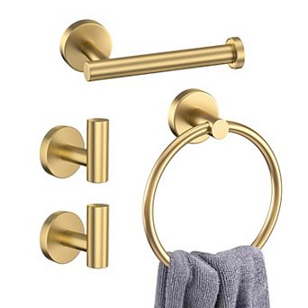 4 pc Rustproof Stainless Steel Bathroom Hardware Set: Toilet Paper Holder, Towel Ring, 2 Robe