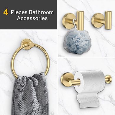 4-Piece Rustproof Stainless Steel Bathroom Hardware Set: Toilet Paper Holder, Towel Ring, 2 Robe