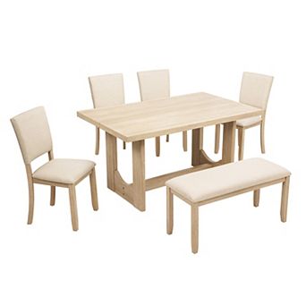 Merax 6 pc Dining Table Set with Bench, Wooden Rectangular Kitchen Table Set with Bench and 4 Uph