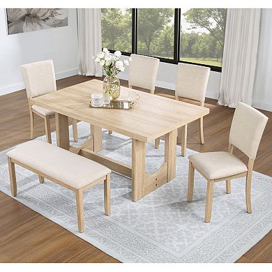 Merax 6 Piece Dining Table Set with Bench, Wooden Rectangular Kitchen Table Set with Bench and 4 Uph