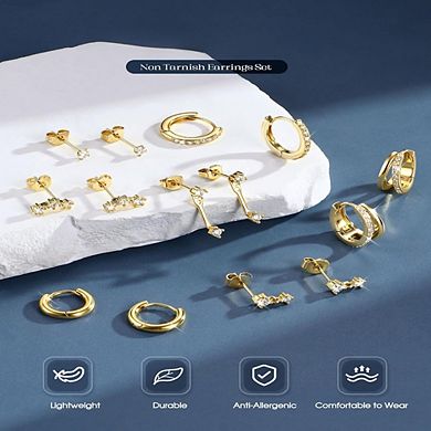 ZUQIETA 7-Pair Hypoallergenic Earring Set - Gold Studs, Huggies & Hoops for Sensitive Ears