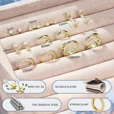 ZUQIETA 7-Pair Hypoallergenic Earring Set - Gold Studs, Huggies & Hoops for Sensitive Ears