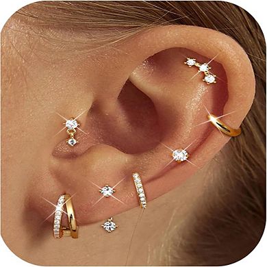 ZUQIETA 7-Pair Hypoallergenic Earring Set - Gold Studs, Huggies & Hoops for Sensitive Ears