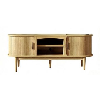 ZUQIETA Mid-Century 65" TV Stand - Fluted Sliding Doors, Storage & Power Outlet, Oak