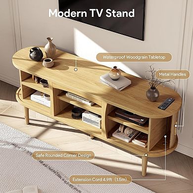 ZUQIETA Mid-Century 65" TV Stand - Fluted Sliding Doors, Storage & Power Outlet, Oak