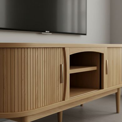 ZUQIETA Mid-Century 65" TV Stand - Fluted Sliding Doors, Storage & Power Outlet, Oak