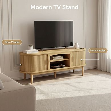 ZUQIETA Mid-Century 65" TV Stand - Fluted Sliding Doors, Storage & Power Outlet, Oak