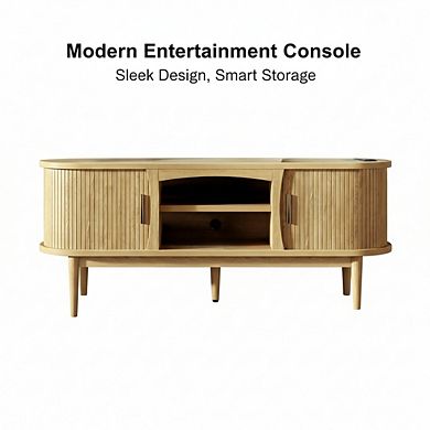 ZUQIETA Mid-Century 65" TV Stand - Fluted Sliding Doors, Storage & Power Outlet, Oak