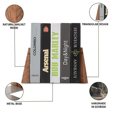 Handmade Walnut Wood Bookends with Metal Base: Sturdy, Stylish and Space-Efficient for Any Bookshelf