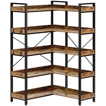 5 tier Rustic Brown Bookshelf with Hooks: Reversible Corner, Metal Frame, 65" Tall for Home Offices