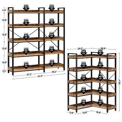 5-Tier Rustic Brown Bookshelf with Hooks: Reversible Corner, Metal Frame, 65" Tall for Home Offices