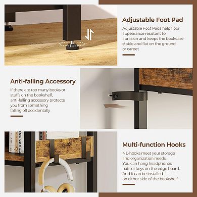 5-Tier Rustic Brown Bookshelf with Hooks: Reversible Corner, Metal Frame, 65" Tall for Home Offices