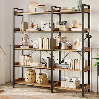 5-Tier Rustic Brown Bookshelf with Hooks: Reversible Corner, Metal Frame, 65" Tall for Home Offices