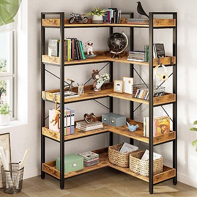 5-Tier Rustic Brown Bookshelf with Hooks: Reversible Corner, Metal Frame, 65" Tall for Home Offices