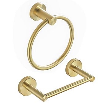 Brushed Gold Toilet Paper & Towel Holder Wall Mount: 2 pc Double Pivoting Round Modern Bathroom