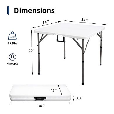 34" Folding HDPE Plastic Table with Carrying Handle for Indoor/Outdoor Use