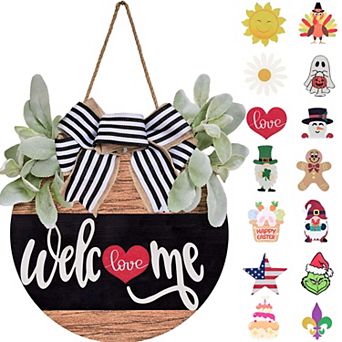 Seasonal Welcome Sign Front Door Decor: Rustic Round Wood Wreaths for Spring, Summer, Fall, Winter