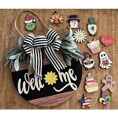 Seasonal Welcome Sign Front Door Decor: Rustic Round Wood Wreaths for Spring, Summer, Fall, Winter