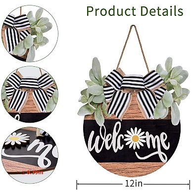 Seasonal Welcome Sign Front Door Decor: Rustic Round Wood Wreaths for Spring, Summer, Fall, Winter