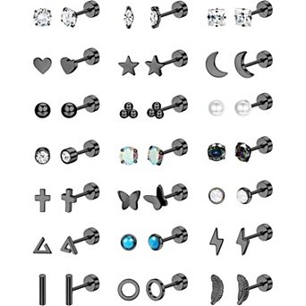 ZUQIETA 21-Pair Black Steel Stud Earrings