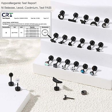 ZUQIETA 21-Pair Black Steel Stud Earrings