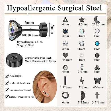 ZUQIETA 21-Pair Black Steel Stud Earrings