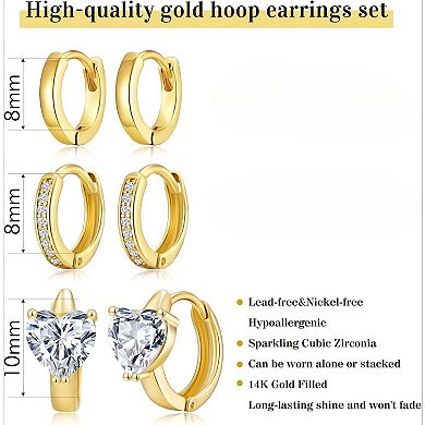 ZUQIETA 3-Pair Gold Huggie Hoop Set - 14K Filled, Hypoallergenic & Gift Ready