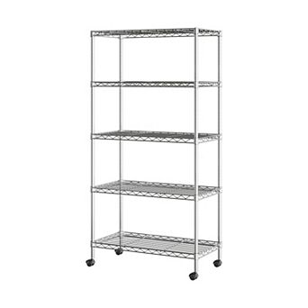 5 tier Wire Shelving System: 30" W x 14" D, Chrome Plated Steel, Adjustable Shelves, Wheels