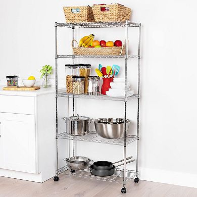 5-Tier Wire Shelving System: 30" W x 14" D, Chrome Plated Steel, Adjustable Shelves, Wheels