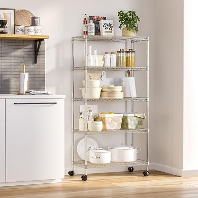 5-Tier Wire Shelving System: 30" W x 14" D, Chrome Plated Steel, Adjustable Shelves, Wheels