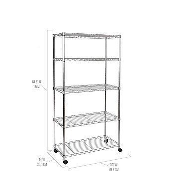 5-Tier Wire Shelving System: 30" W x 14" D, Chrome Plated Steel, Adjustable Shelves, Wheels