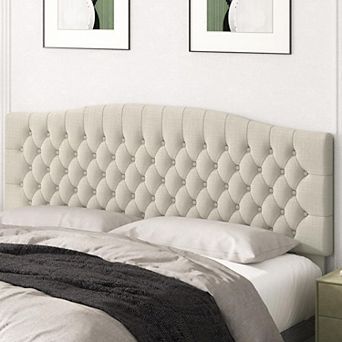 Ivory Linen Tufted King Headboard with Solid Wood Legs: Wall or Bed Frame Mount