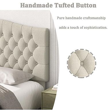 Ivory Linen Tufted King Headboard with Solid Wood Legs: Wall or Bed Frame Mount