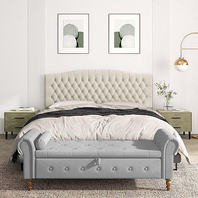Ivory Linen Tufted King Headboard with Solid Wood Legs: Wall or Bed Frame Mount