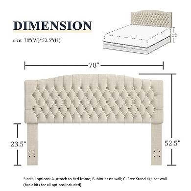 Ivory Linen Tufted King Headboard with Solid Wood Legs: Wall or Bed Frame Mount