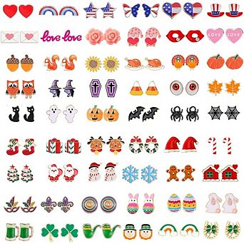 ZUQIETA 54-Pair Holiday Earring Set - Hypoallergenic Halloween, Thanksgiving & Christmas Studs