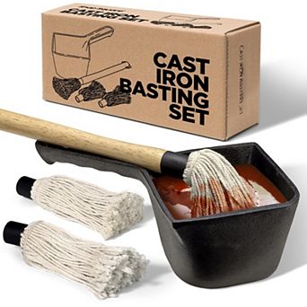 Cast Iron Basting Pot with BBQ mop brush set: 18" brush, 2 replacements, 24 oz