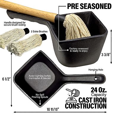 Cast Iron Basting Pot with BBQ mop brush set: 18" brush, 2 replacements, 24 oz