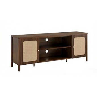 ZUQIETA Rattan Boho TV Stand for 75" TVs, 2 Cabinets & Adjustable Shelf, Walnut