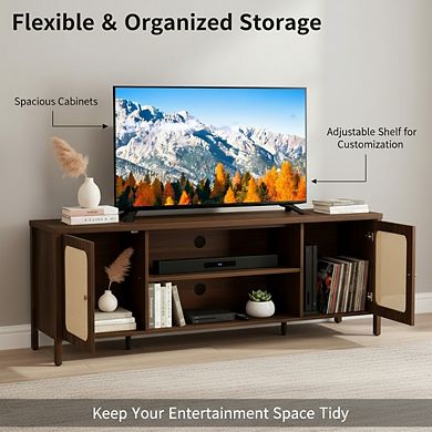 ZUQIETA Rattan Boho TV Stand for 75" TVs, 2 Cabinets & Adjustable Shelf, Walnut