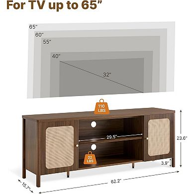 ZUQIETA Rattan Boho TV Stand for 75" TVs, 2 Cabinets & Adjustable Shelf, Walnut