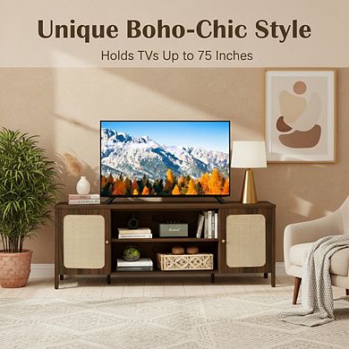ZUQIETA Rattan Boho TV Stand for 75" TVs, 2 Cabinets & Adjustable Shelf, Walnut